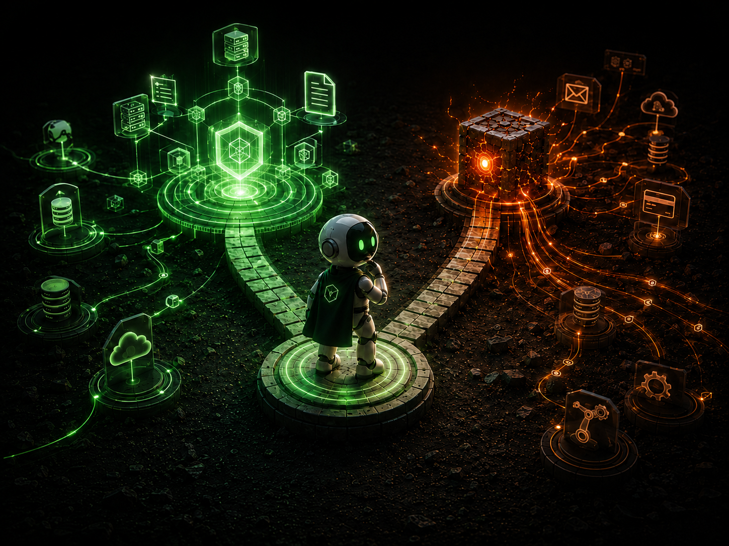 Illustration of an AI agent reaching for third-party skills with Oathe as the awareness layer between them — discoverable, queryable, trusted.